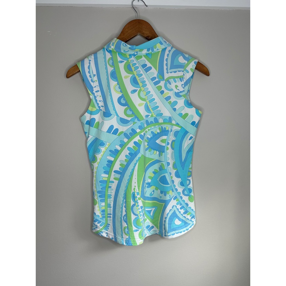 Icikuls Sleeveless Polo Women S Blue Green EUC Vibrant Paisley Performance Top - Picture 3 of 3
